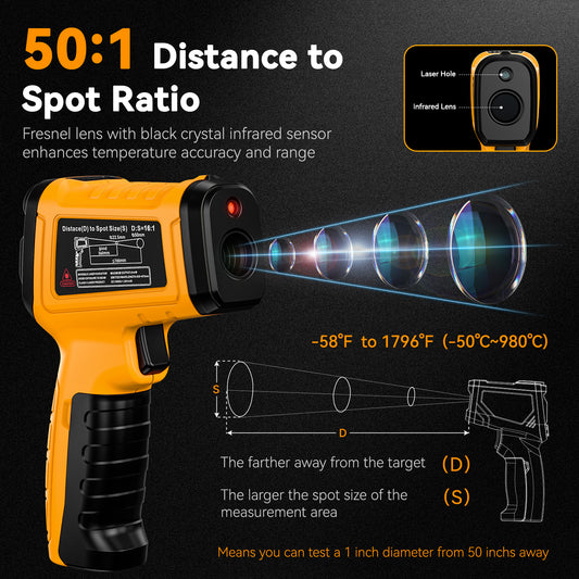 50:1 Infrared Thermometer Gun -58°F to 1796°F, Laser Temperature Gun with Thermocouple Probe for Pizza Oven, HVAC, BBQ, High Temp Gun with Humidity Sensor, Accurate for Home and Industrial Use