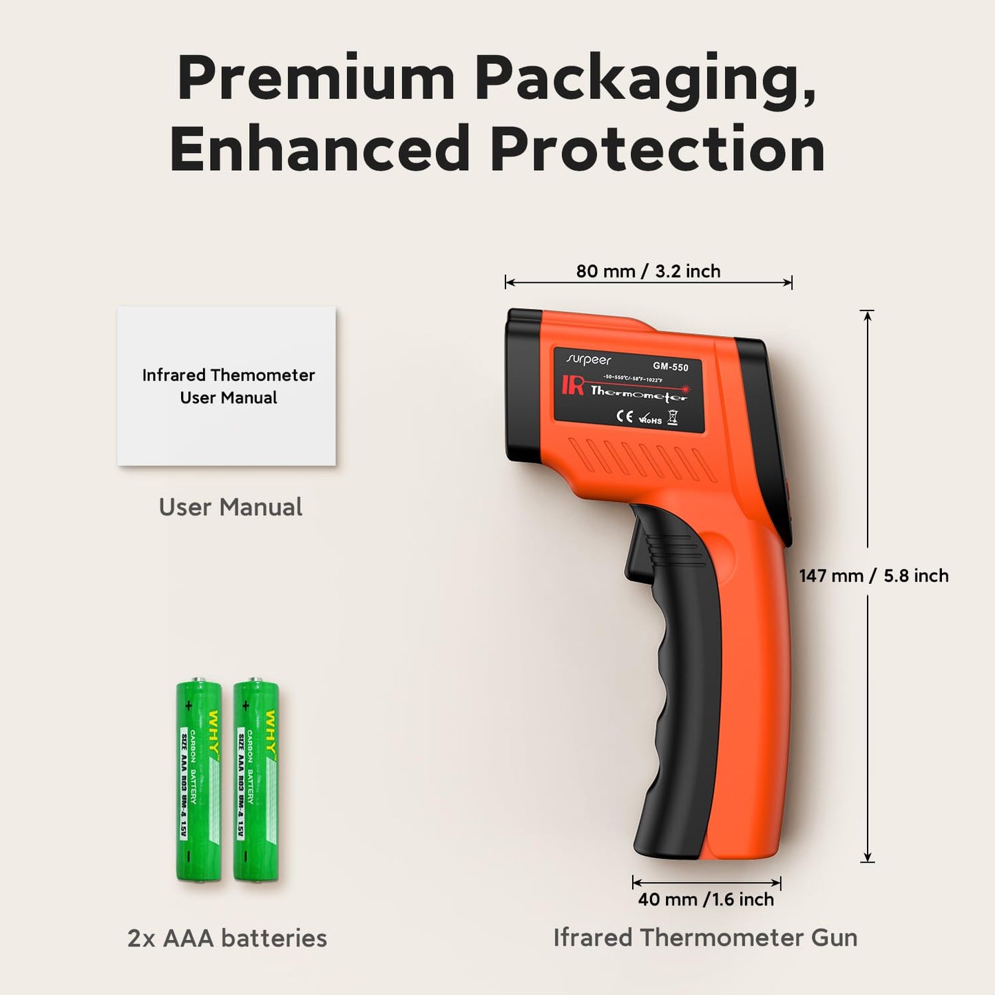 12:1 Infrared Thermometer Temperature Gun, -58°F-1022°F (-50°C-550°C) Digital Laser Thermometer, Non-Contact Temp Gun for Cooking, Home DIY,Pizza Oven, BBQ, and Grill