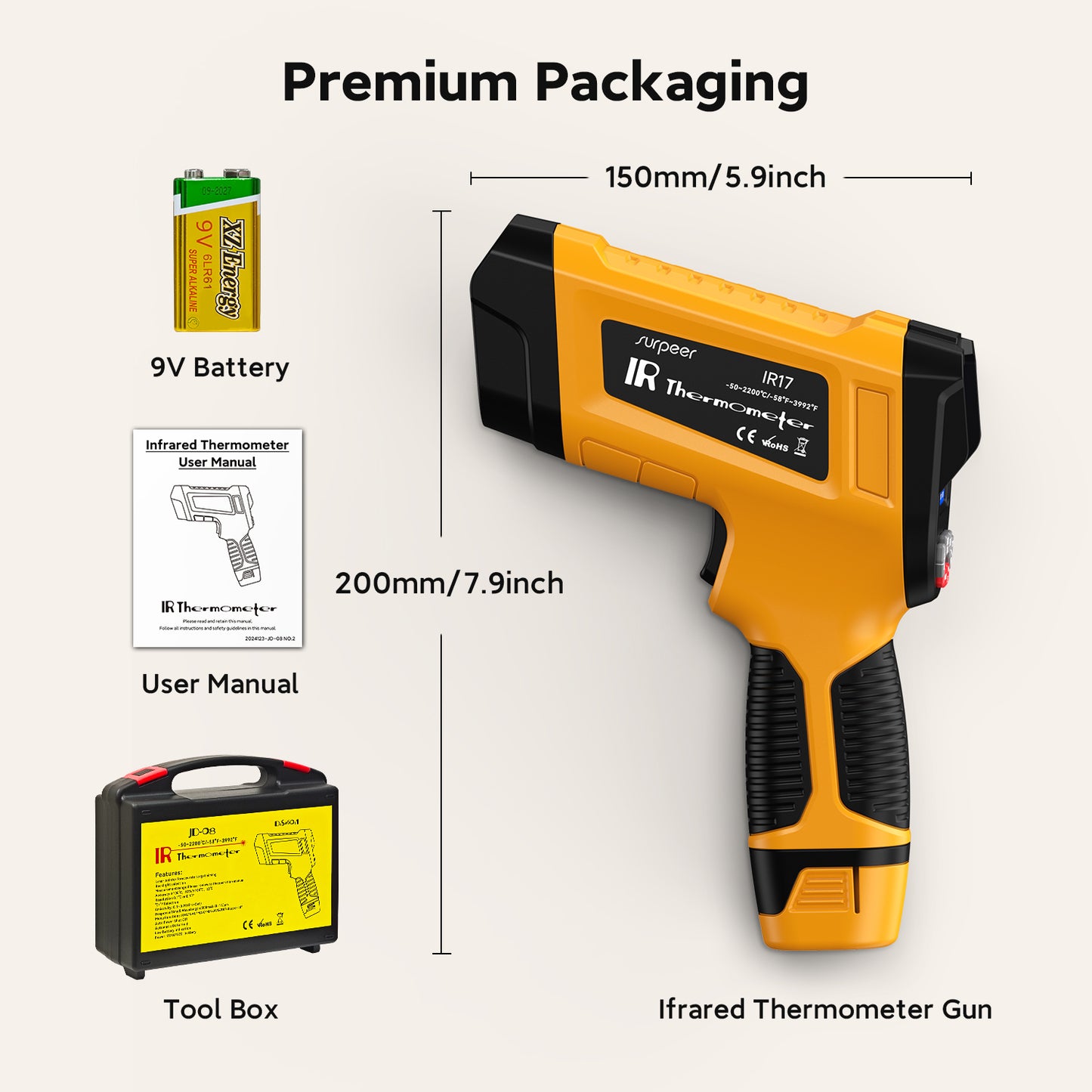 Infrared Thermometer, 50:1 Pyrometer, -58°F to 3992℉ High Temperature Gun with Three-Point Laser, Ideal for Kiln, Engine, HVAC, BBQ, and Precise Industrial & Home Temperature Measurement