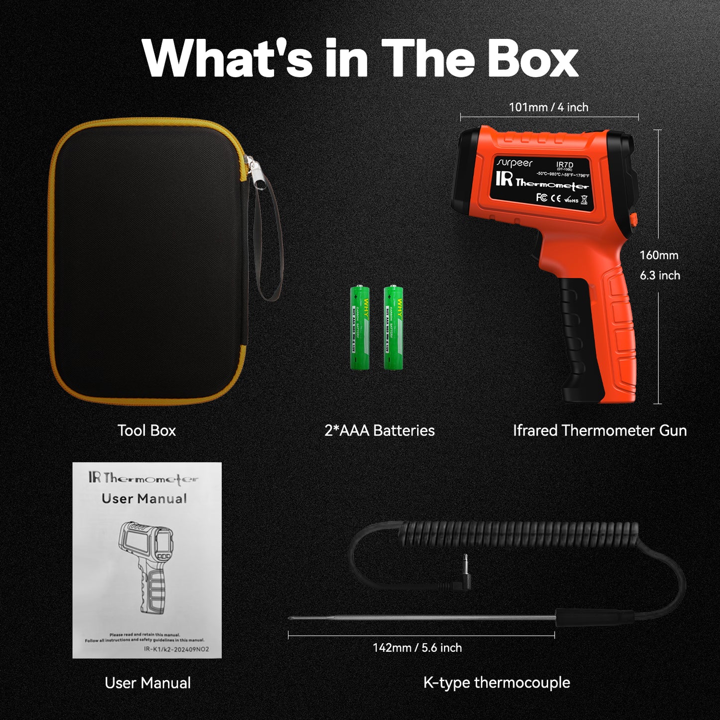 -58°F to 1796° Infrared Thermometer Gun , 16:1 Non Contact Laser with Thermocouple Probe,Humidity