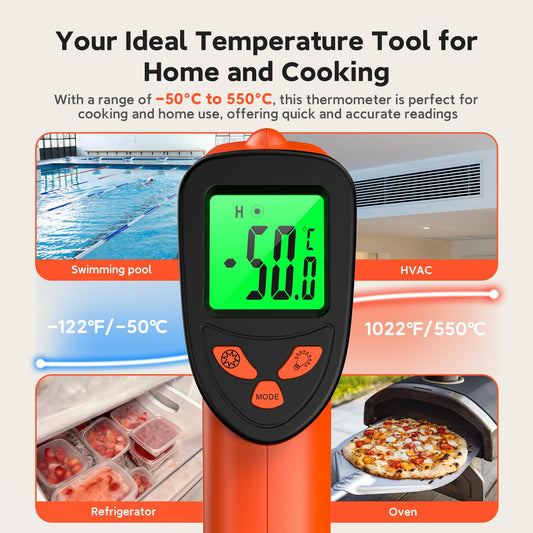 12:1 Infrared Thermometer Temperature Gun, -58°F-1022°F (-50°C-550°C) Digital Laser Thermometer, Non-Contact Temp Gun for Cooking, Home DIY,Pizza Oven, BBQ, and Grill