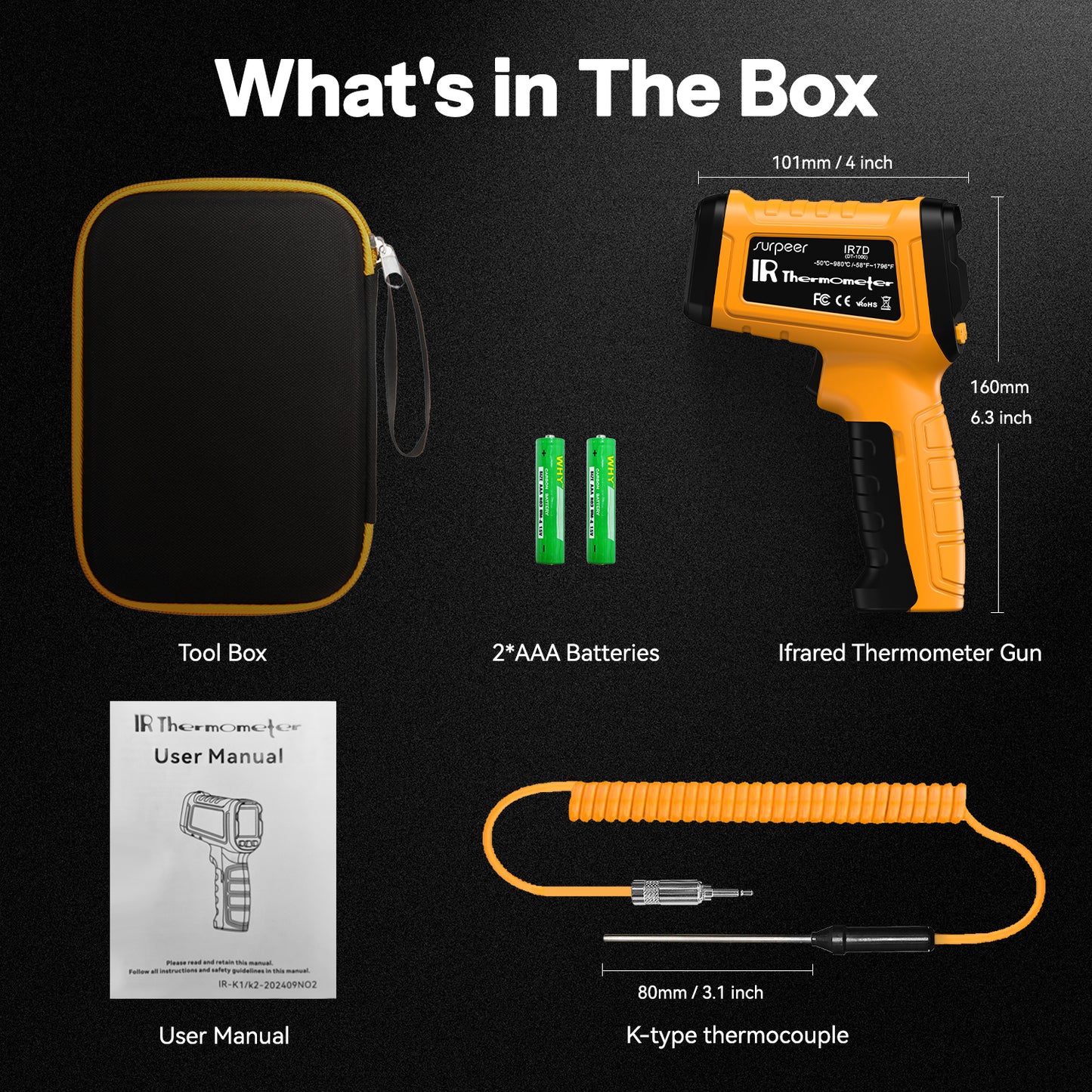 50:1 Infrared Thermometer Gun -58°F to 1796°F, Laser Temperature Gun with Thermocouple Probe for Pizza Oven, HVAC, BBQ, High Temp Gun with Humidity Sensor, Accurate for Home and Industrial Use