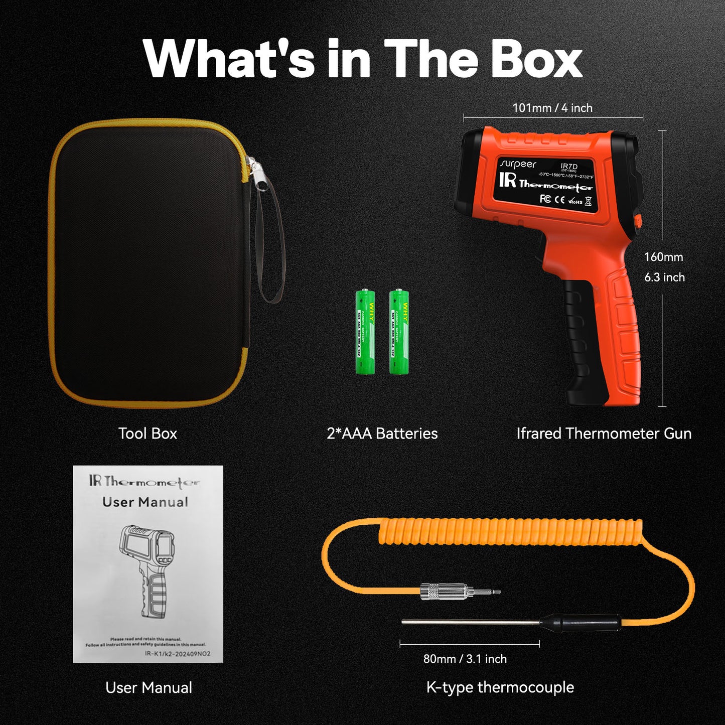-58°F to 2732°F and 50:1 Infrared Thermometer Gun with Thermocouple Probe, Humidity Measurement