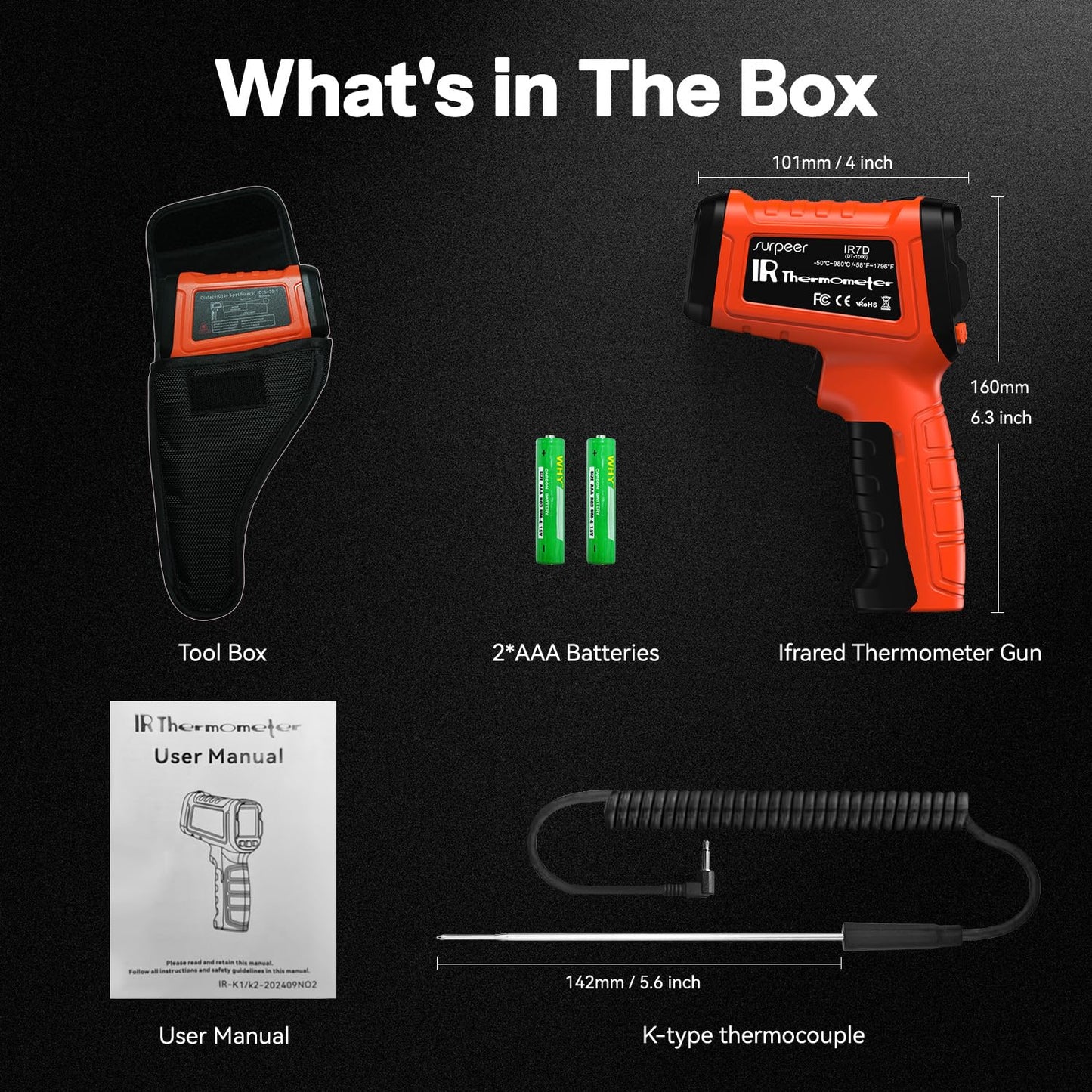 -58°F-1796°F Infrared Thermometer with K-Type Thermocouple -58°F~572°F, Humidity Display