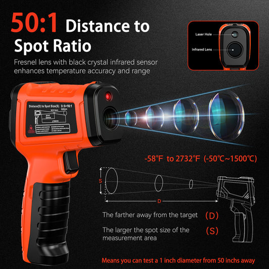 -58°F to 2732°F and 50:1 Infrared Thermometer Gun with Thermocouple Probe, Humidity Measurement